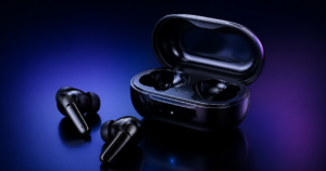 Futuristic wireless earbuds in low light