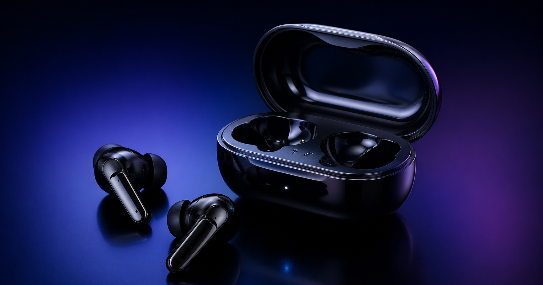 Futuristic wireless earbuds in low light