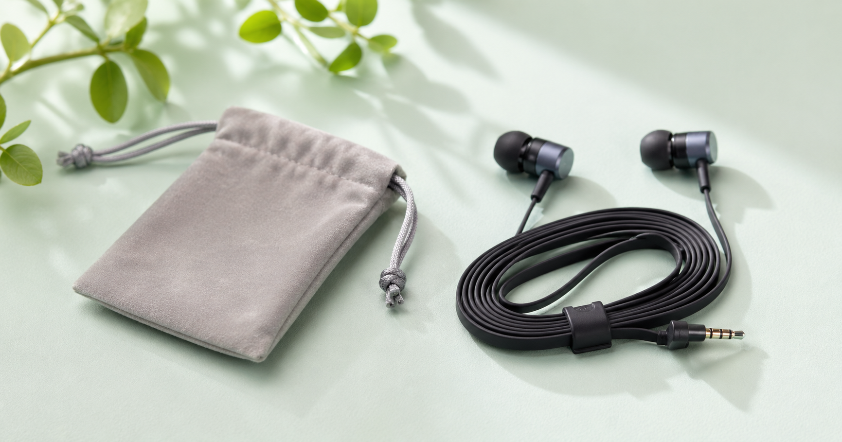 Minimalist earphones and pouch still life
