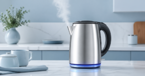 Modern kitchen with steaming kettle