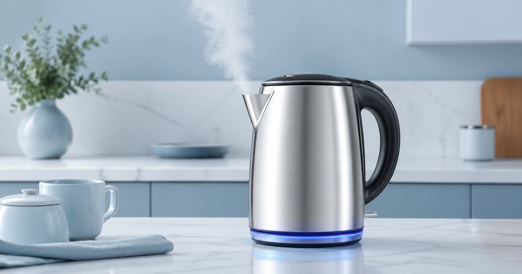 Modern kitchen with steaming kettle