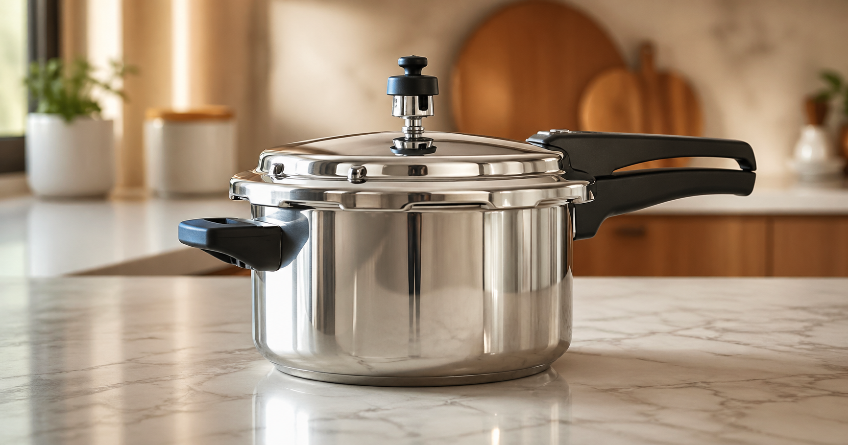 Polished pressure cooker in modern kitchen setting